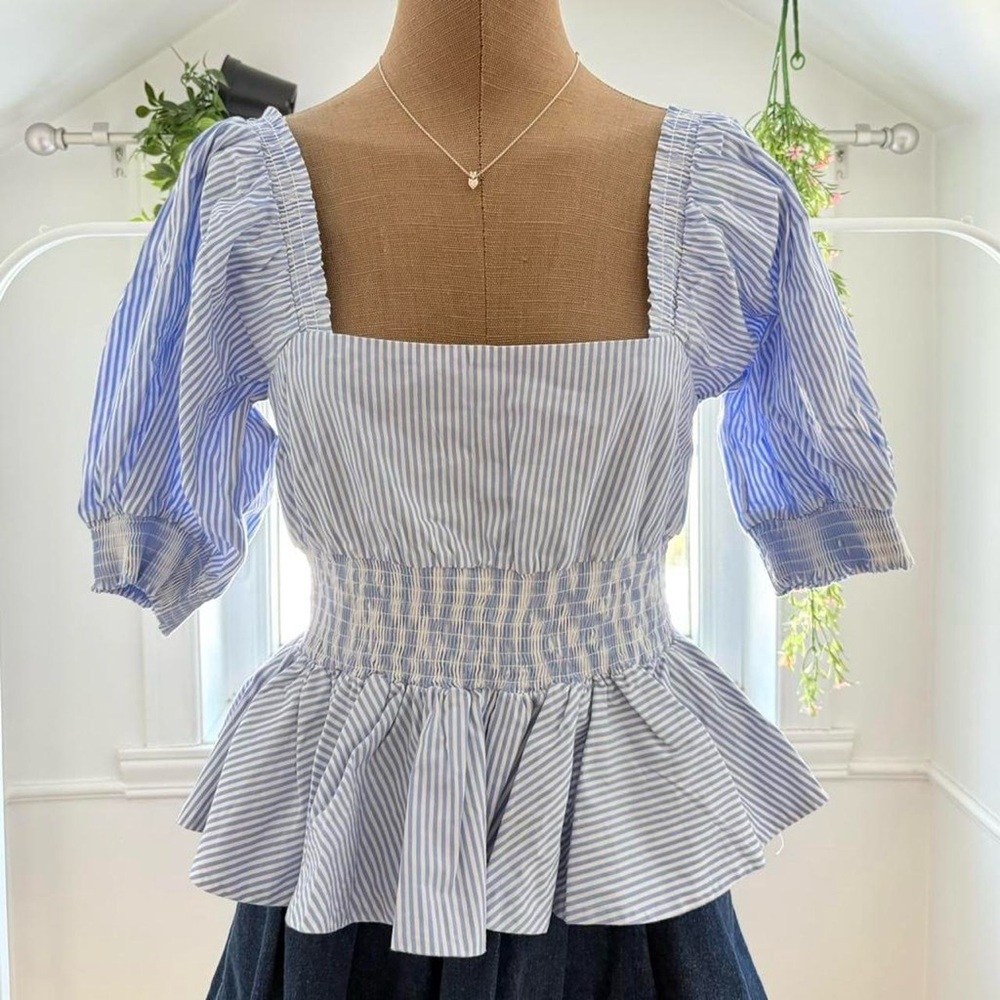 Renvy Blue and White Striped Square Neck Peplum Blouse